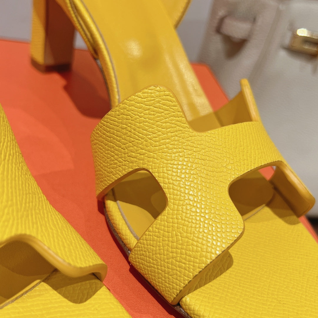 HERMES HOLY 75 SANDAL IN BRIGHT YELLOW GRAINED CALFSKIN