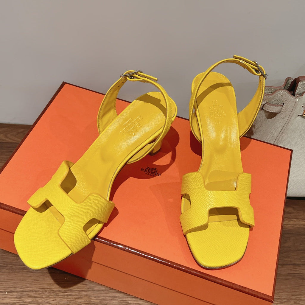 HERMES HOLY 75 SANDAL IN BRIGHT YELLOW GRAINED CALFSKIN