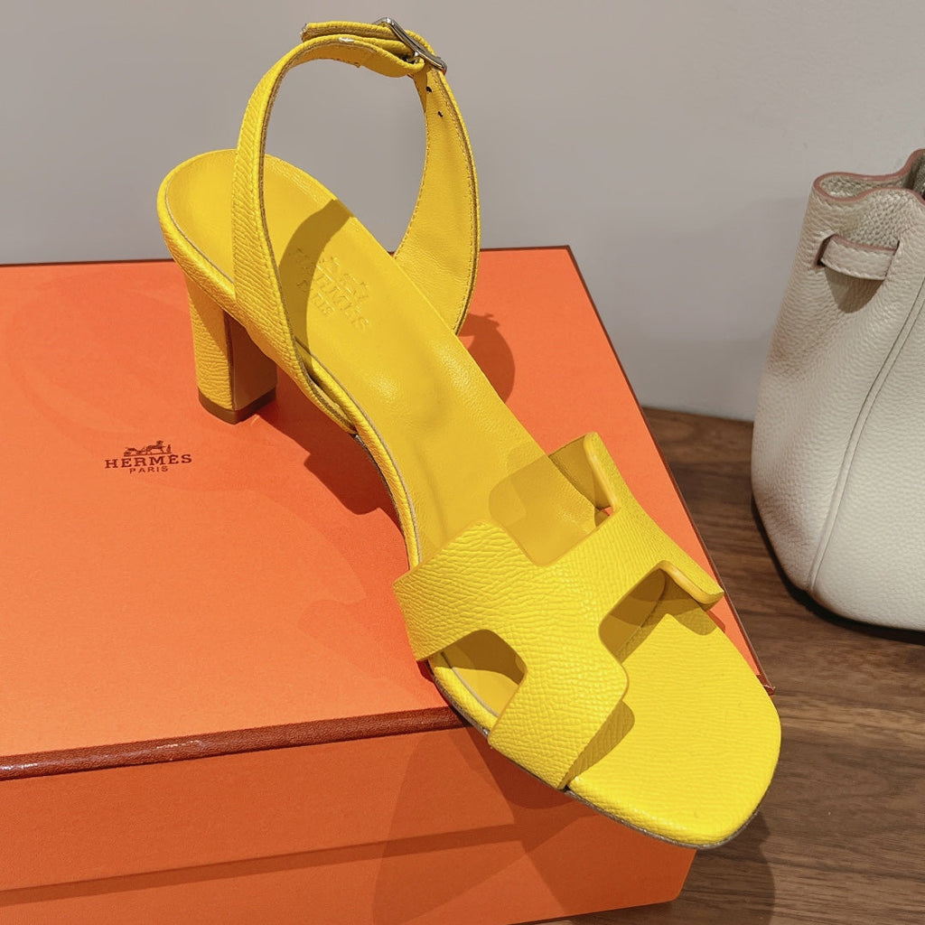 HERMES HOLY 75 SANDAL IN BRIGHT YELLOW GRAINED CALFSKIN