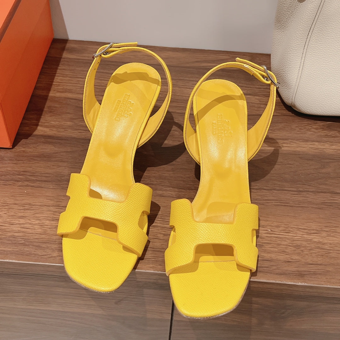 HERMES HOLY 75 SANDAL IN BRIGHT YELLOW GRAINED CALFSKIN