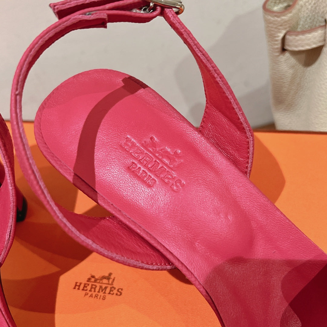 HERMES HOLY 75 SANDAL IN BRIGHT PINK GRAINED CALFSKIN
