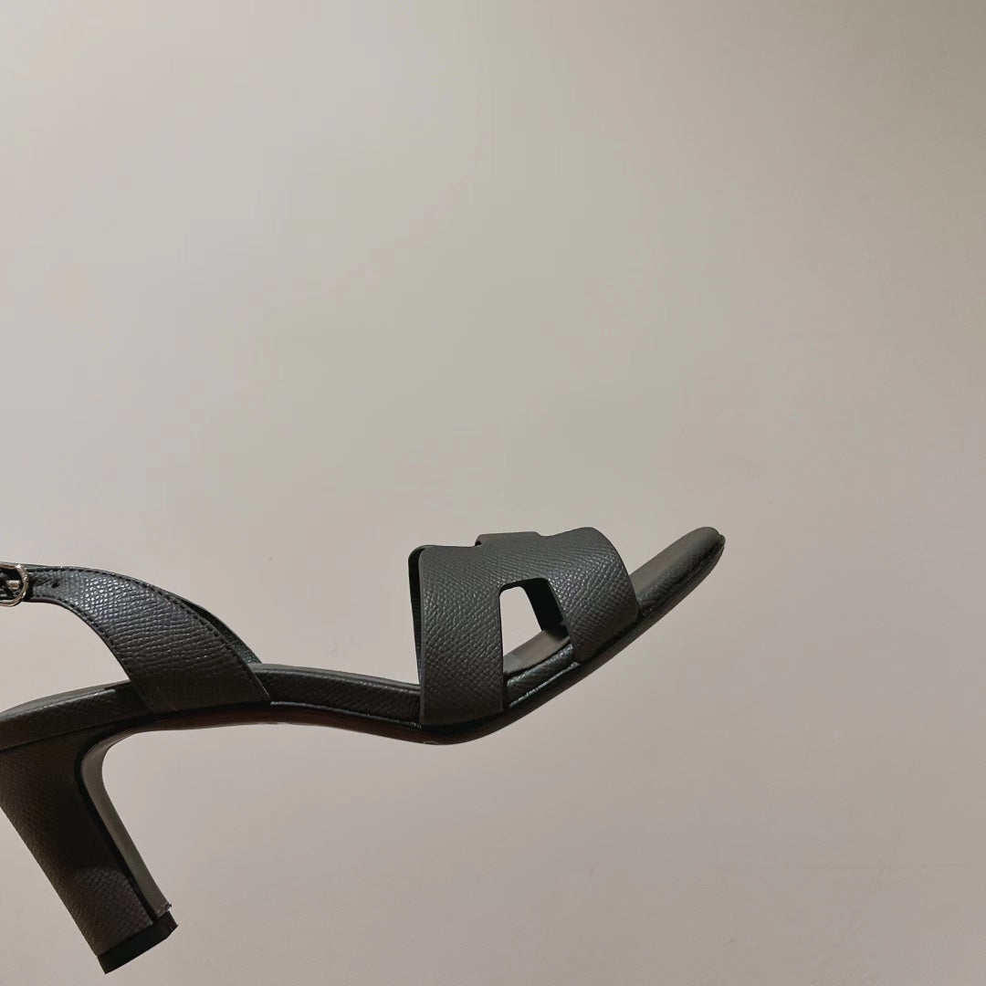 HERMES HOLY 75 SANDAL IN DARK GRAY GRAINED CALFSKIN