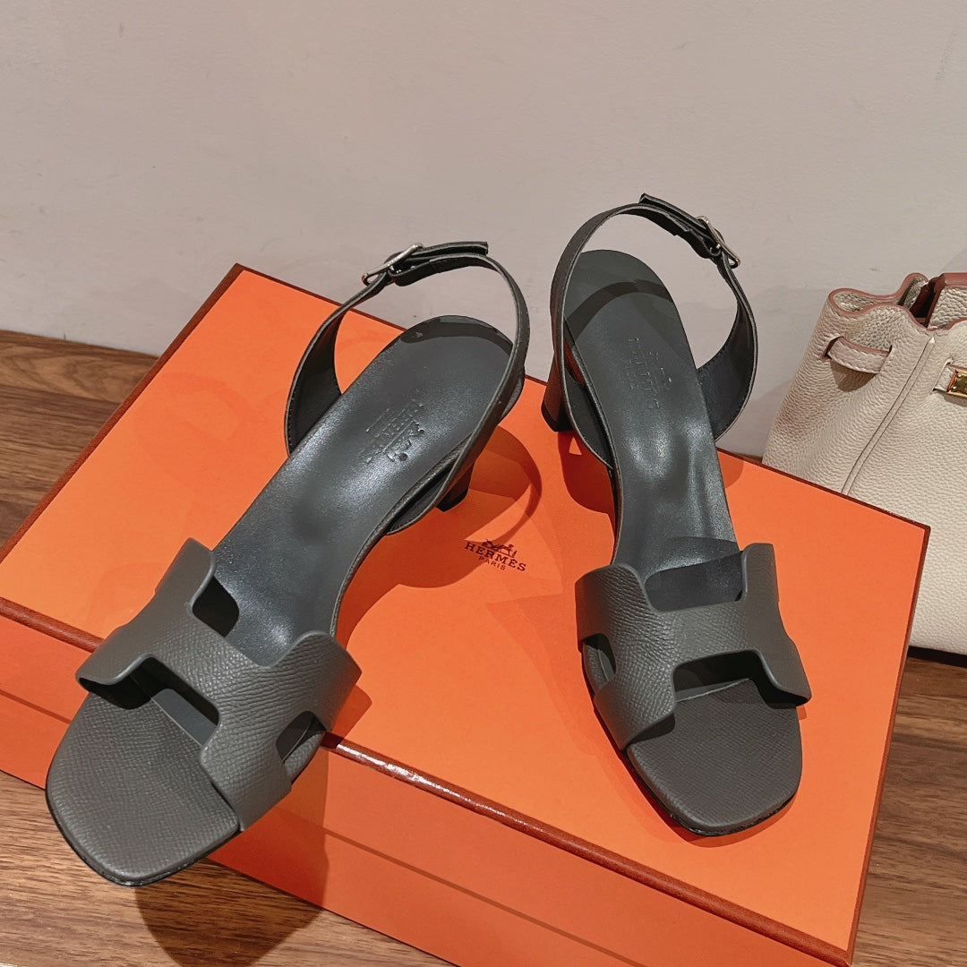 HERMES HOLY 75 SANDAL IN DARK GRAY GRAINED CALFSKIN
