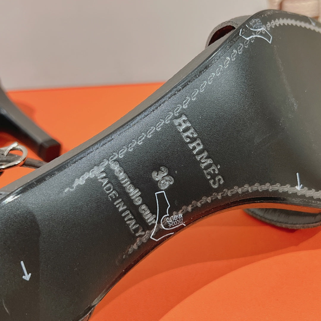 HERMES PREMIERE 70 SANDAL IN DARK GRAY CALFSKIN