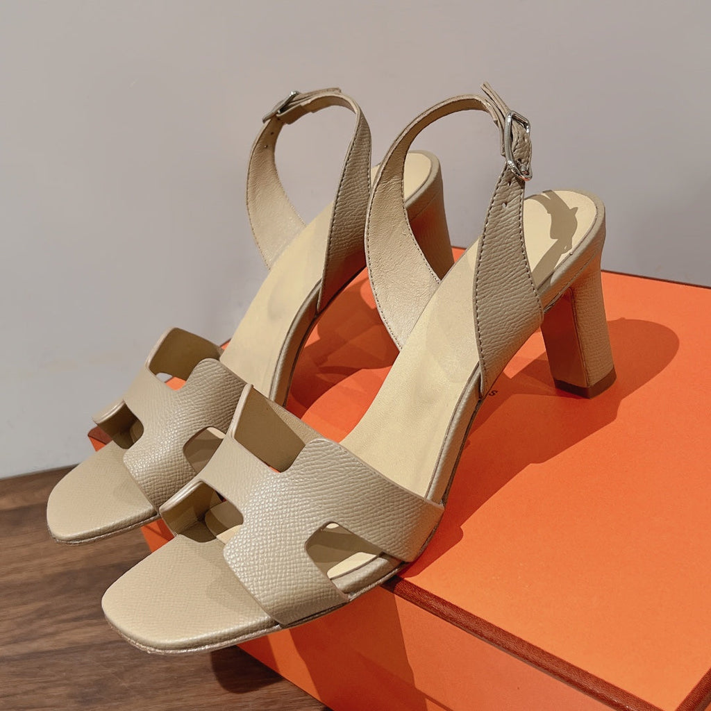 HERMES HOLY 75 SANDAL IN BISQUE BEIGE GRAINED CALFSKIN