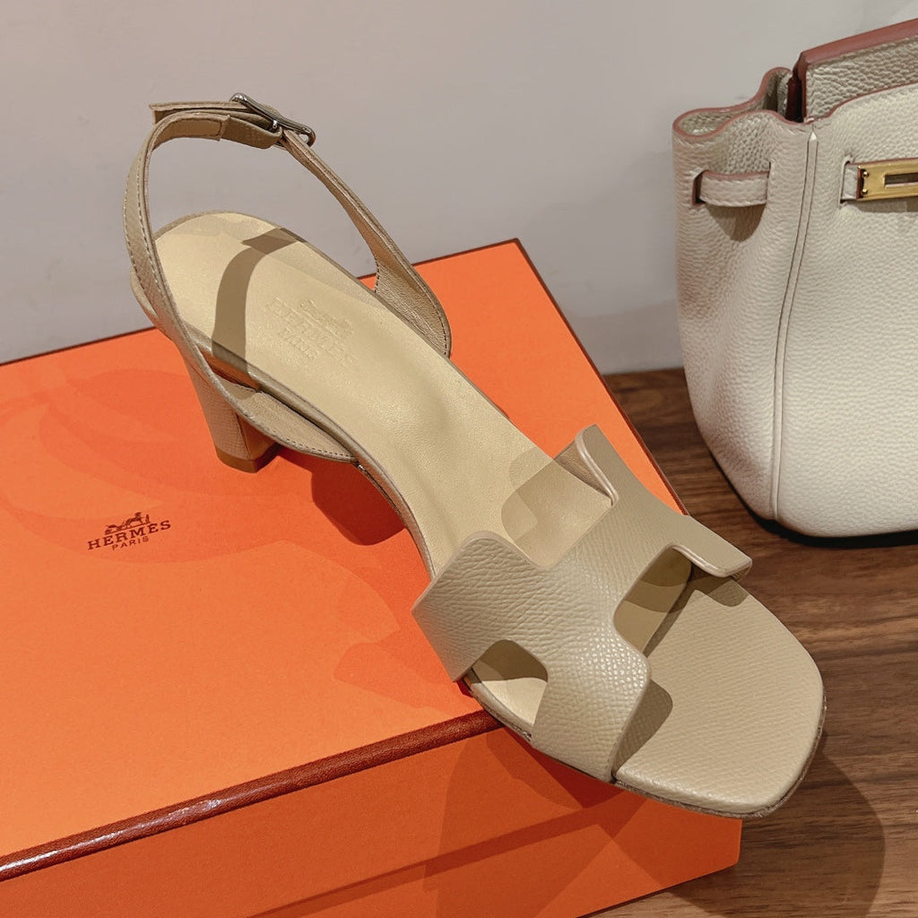 HERMES HOLY 75 SANDAL IN BISQUE BEIGE GRAINED CALFSKIN