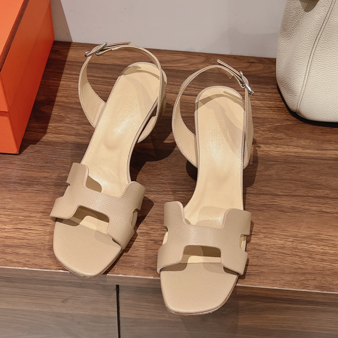 HERMES HOLY 75 SANDAL IN BISQUE BEIGE GRAINED CALFSKIN