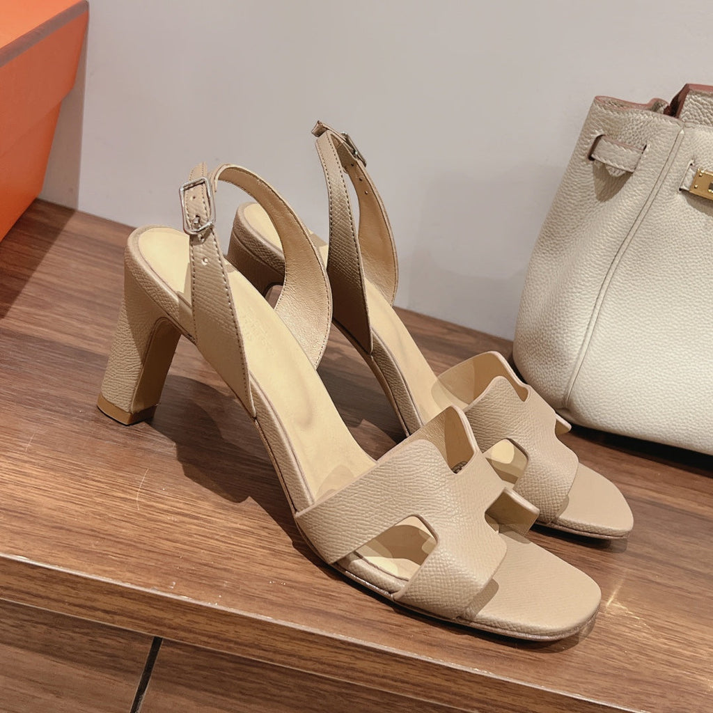 HERMES HOLY 75 SANDAL IN BISQUE BEIGE GRAINED CALFSKIN