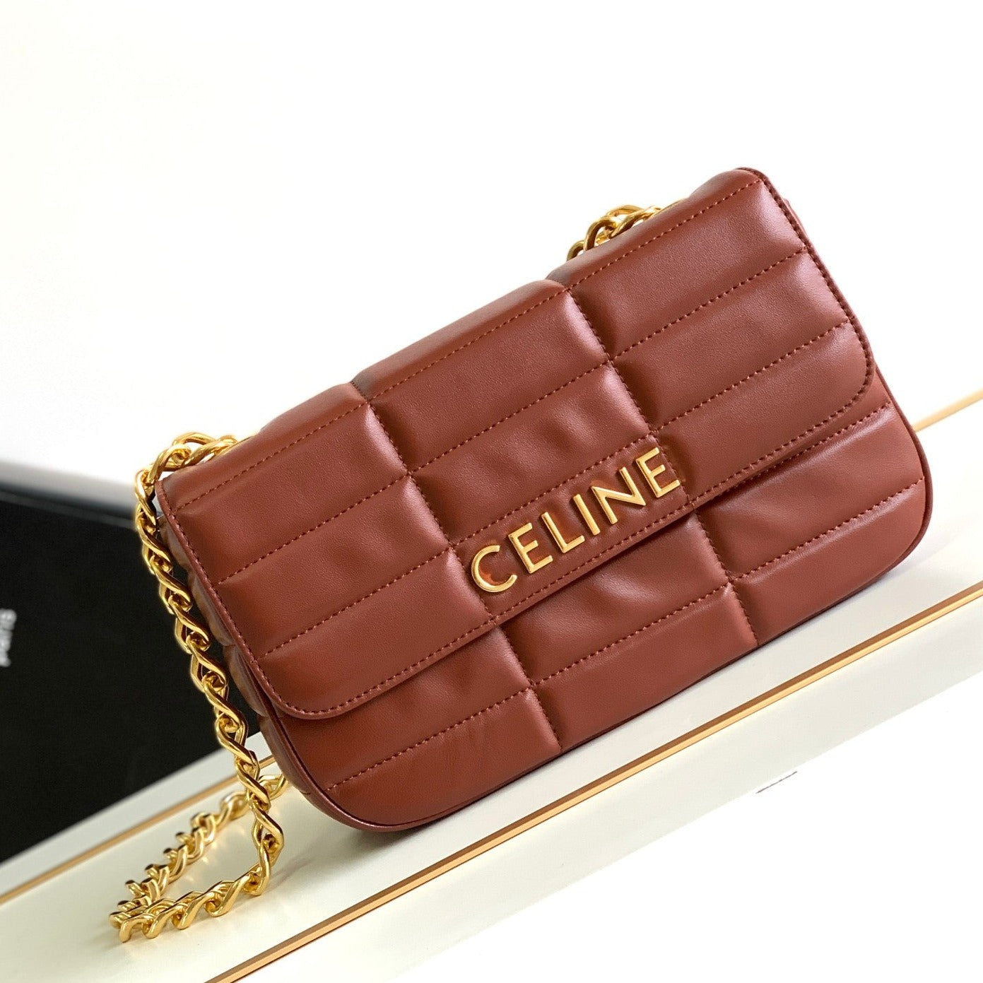 CELINE MONOCHROME 24 QUILTED CHERRY RED LAMBSKIN CHAIN SHOUDER BAG