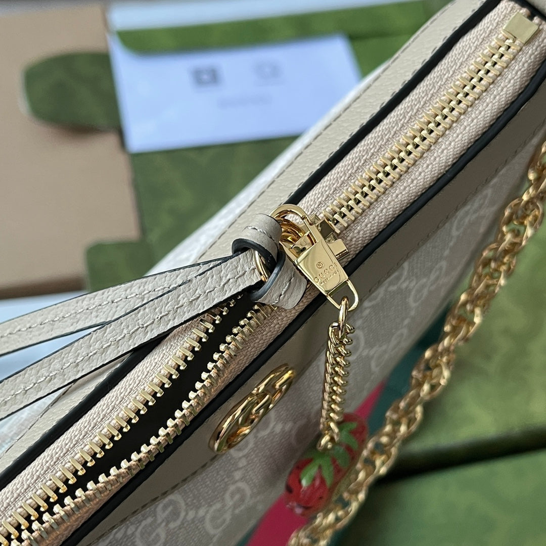 GUCCI OPHIDIA SMALL SHOULDER BAG 25 IN WHITE CANVAS AND OAT LAMBSKIN GOLD HARDWARE