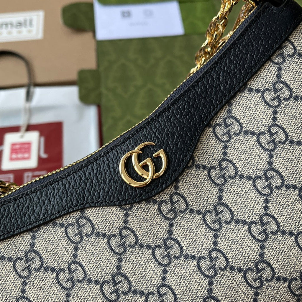 GUCCI OPHIDIA SMALL SHOULDER BAG 25 IN BEIGE CANVAS AND BLACK LAMBSKIN GOLD HARDWARE