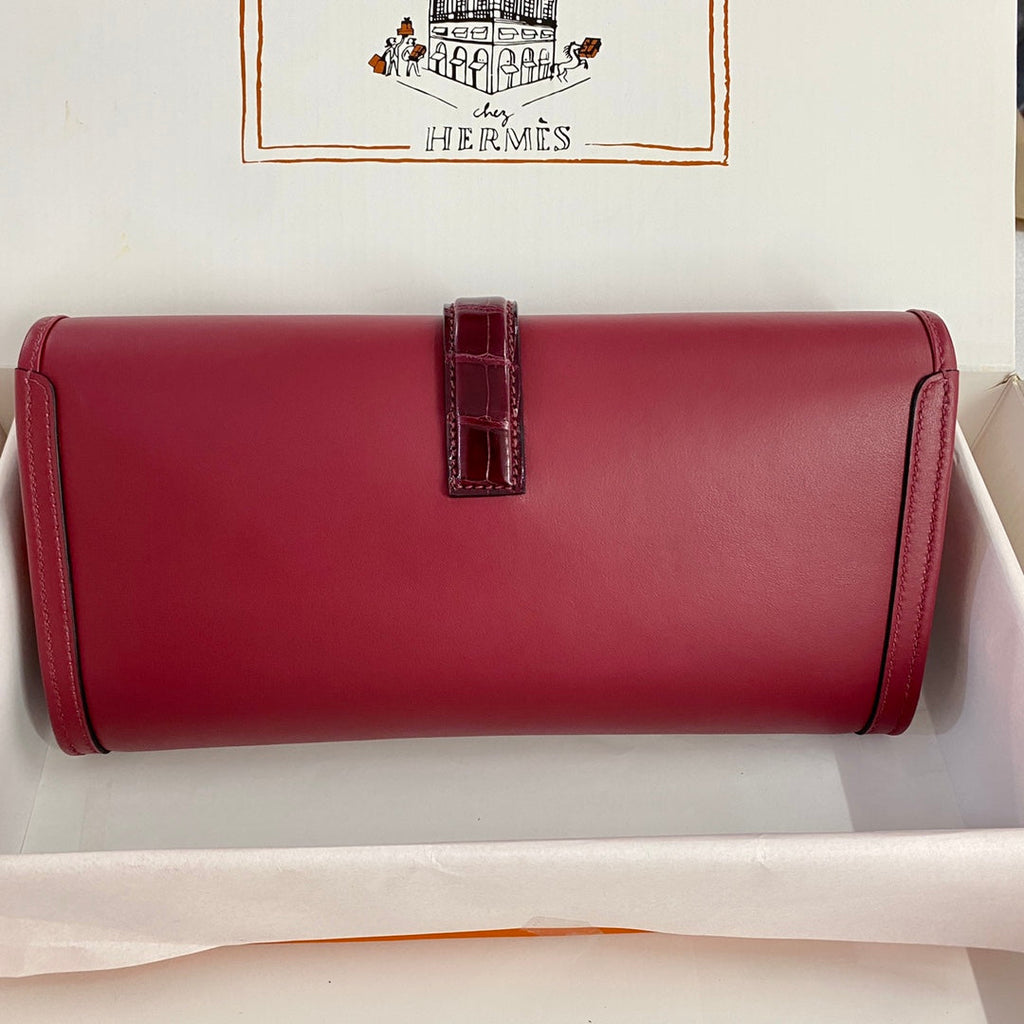 HERMES JIGE ELAN 29 CLUTCH IN CHERRY RED CALFSKIN WITH WINE RED LIZARD SKIN