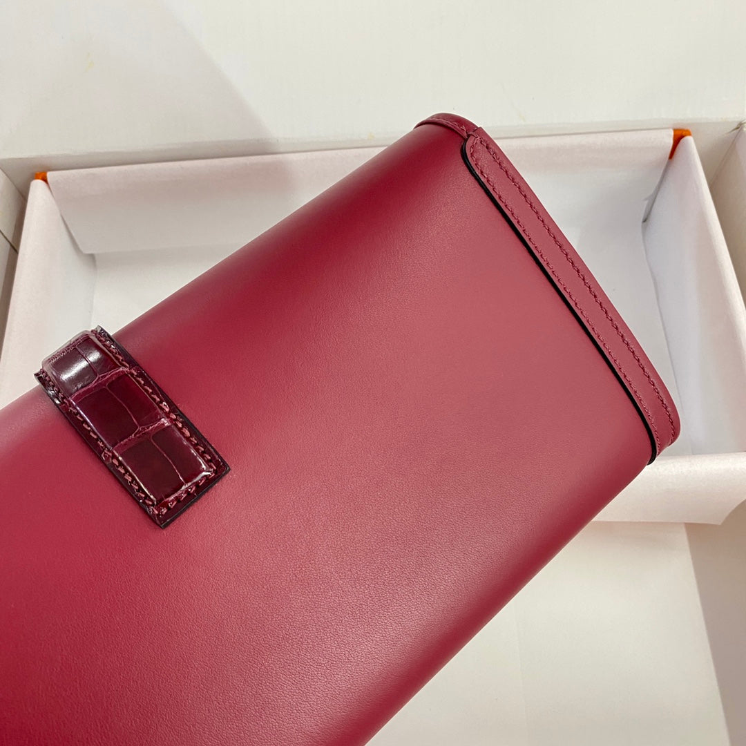 HERMES JIGE ELAN 29 CLUTCH IN CHERRY RED CALFSKIN WITH WINE RED LIZARD SKIN
