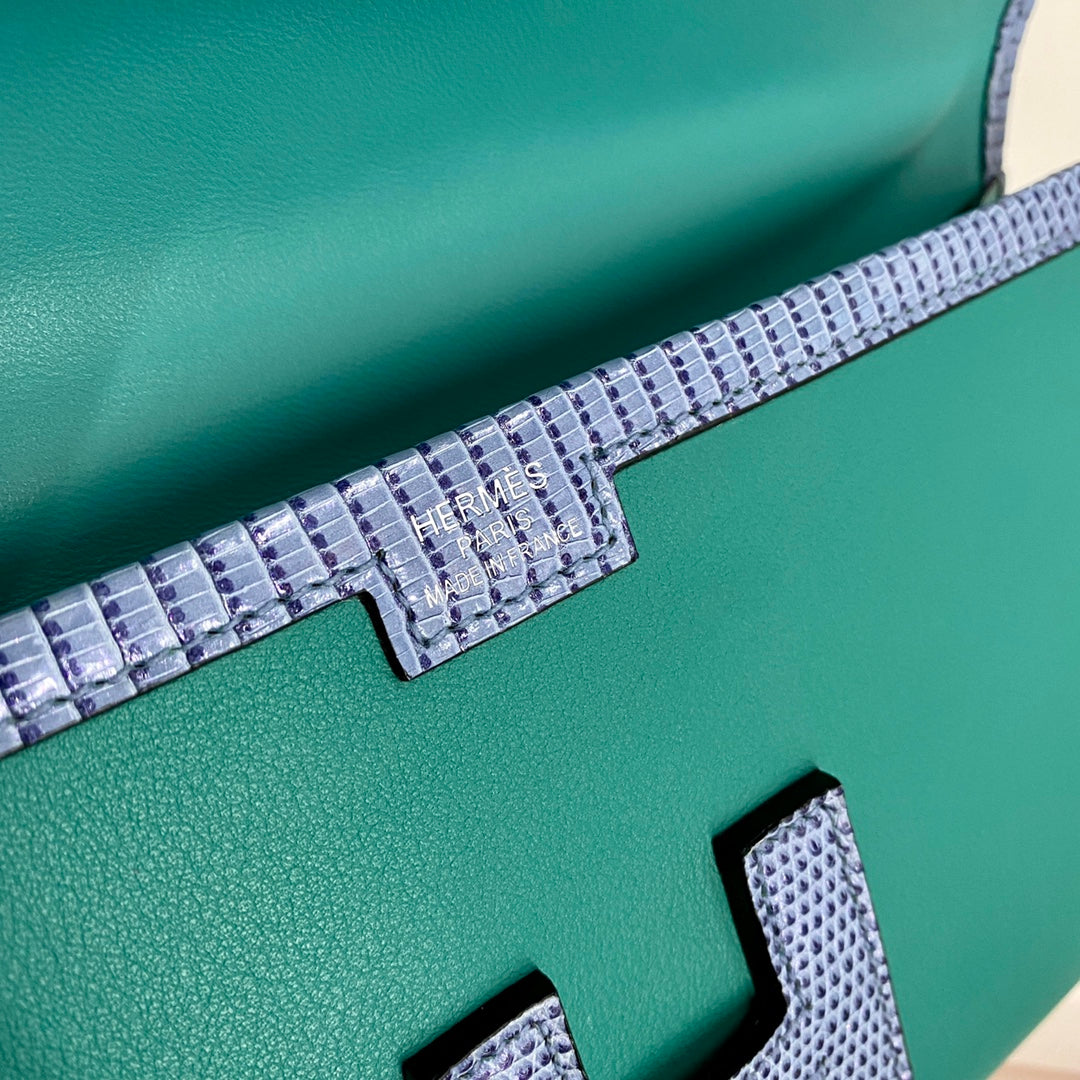 HERMES JIGE ELAN 29 CLUTCH IN TEAL GREEN CALFSKIN WITH ROYAL BLUE LIZARD SKIN