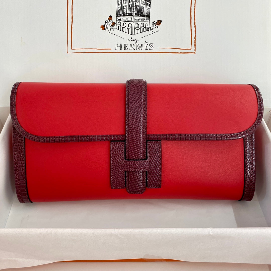 HERMES JIGE ELAN 29 CLUTCH IN CANDY RED CALFSKIN WITH WINE RED LIZARD SKIN