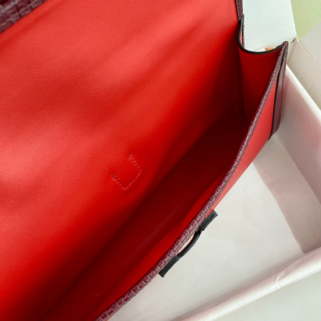 HERMES JIGE ELAN 29 CLUTCH IN CANDY RED CALFSKIN WITH WINE RED LIZARD SKIN