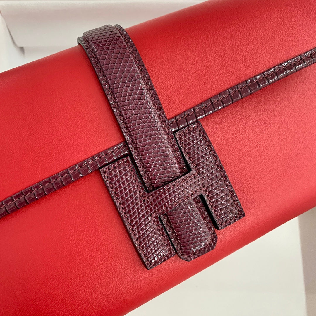 HERMES JIGE ELAN 29 CLUTCH IN CANDY RED CALFSKIN WITH WINE RED LIZARD SKIN