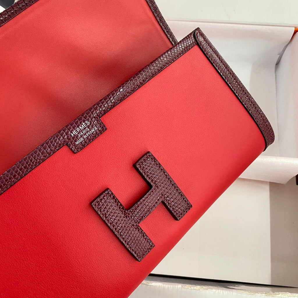 HERMES JIGE ELAN 29 CLUTCH IN CANDY RED CALFSKIN WITH WINE RED LIZARD SKIN