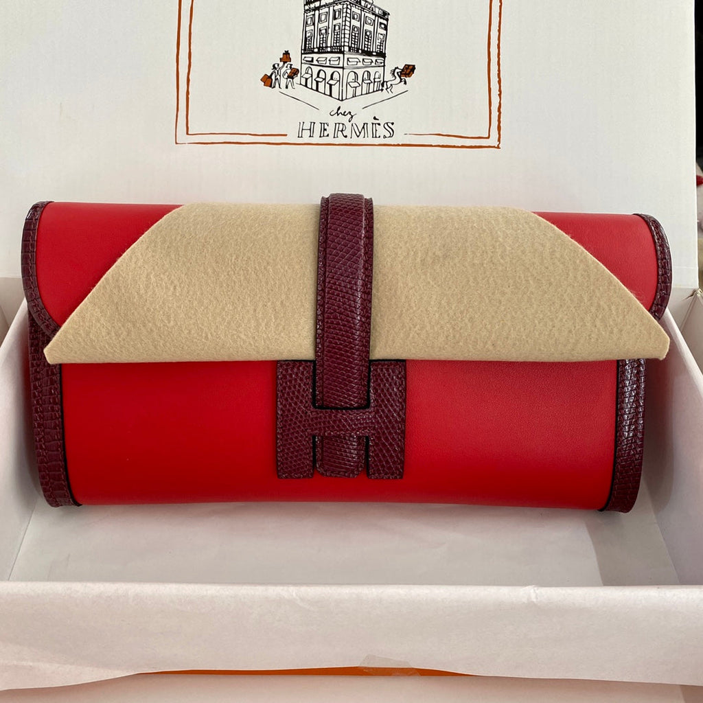 HERMES JIGE ELAN 29 CLUTCH IN CANDY RED CALFSKIN WITH WINE RED LIZARD SKIN