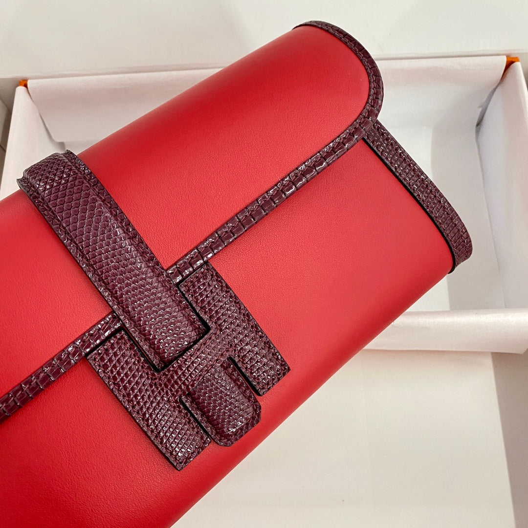 HERMES JIGE ELAN 29 CLUTCH IN CANDY RED CALFSKIN WITH WINE RED LIZARD SKIN