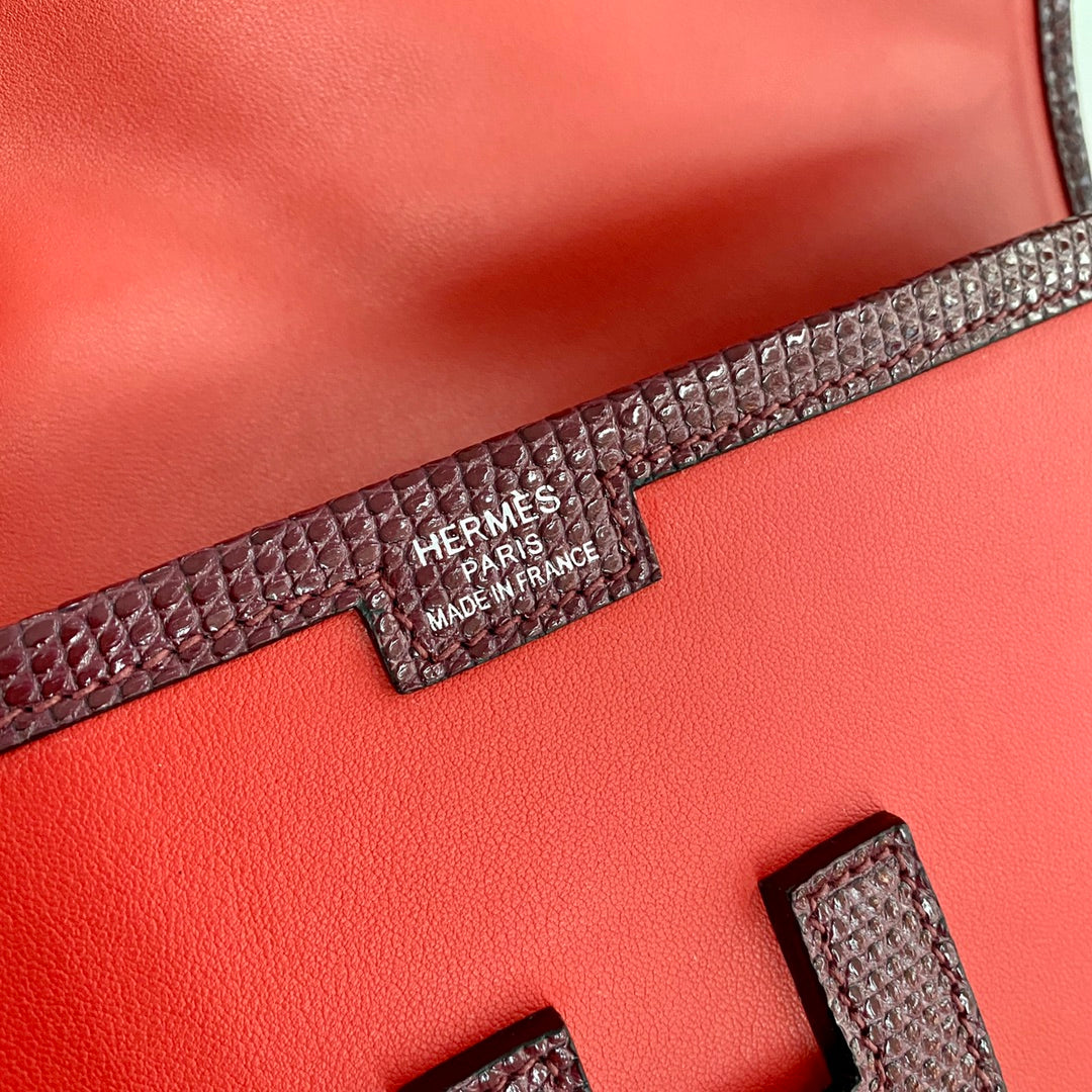 HERMES JIGE ELAN 29 CLUTCH IN CANDY RED CALFSKIN WITH WINE RED LIZARD SKIN
