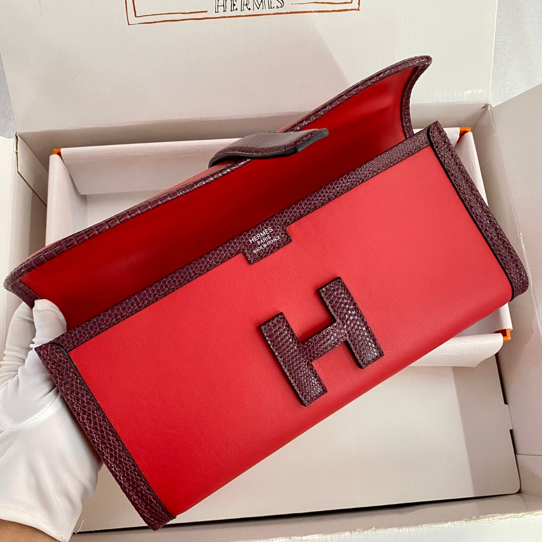 HERMES JIGE ELAN 29 CLUTCH IN CANDY RED CALFSKIN WITH WINE RED LIZARD SKIN