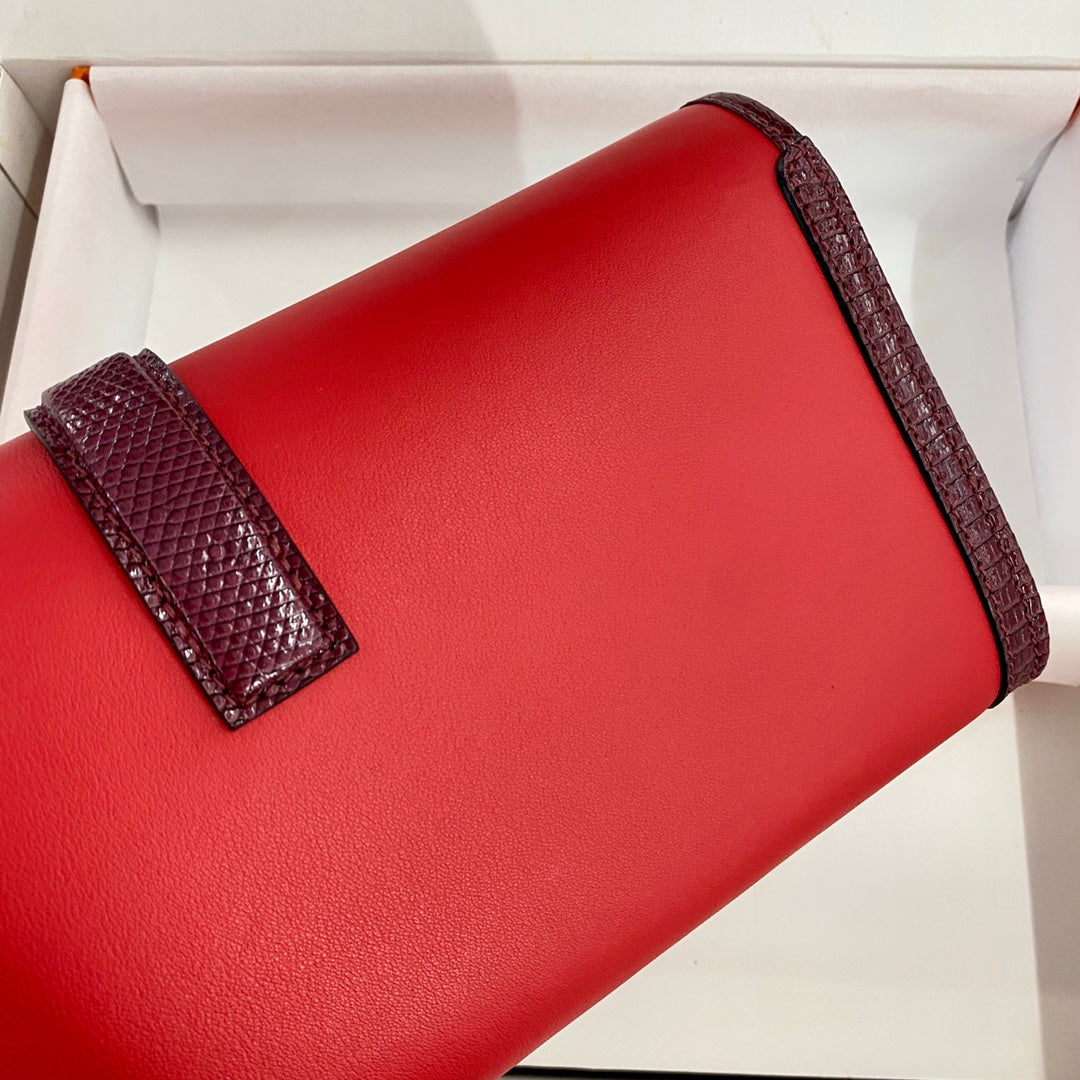 HERMES JIGE ELAN 29 CLUTCH IN CANDY RED CALFSKIN WITH WINE RED LIZARD SKIN