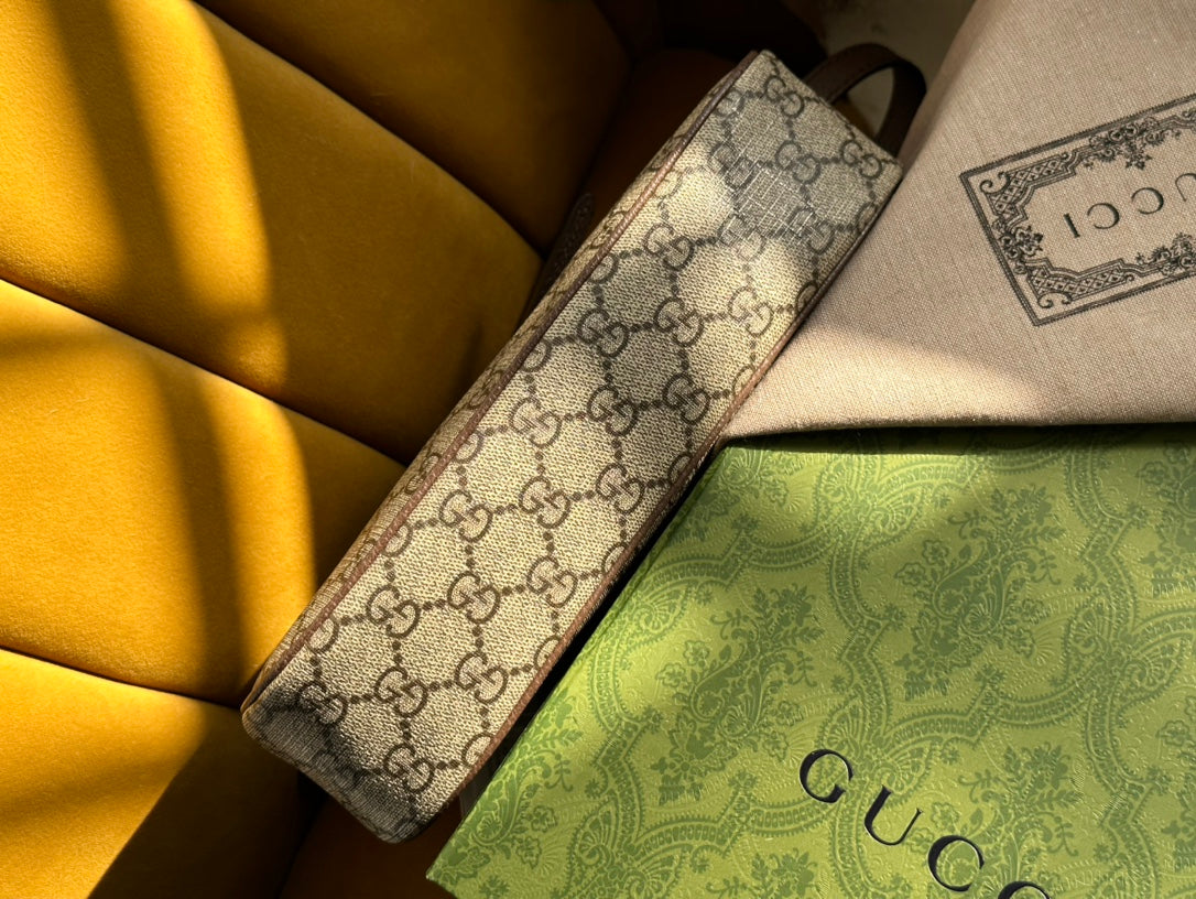 GUCCI OPHIDIA  SMALL 25 HANDBAG BEIGE AND EBONY PVC FABRIC