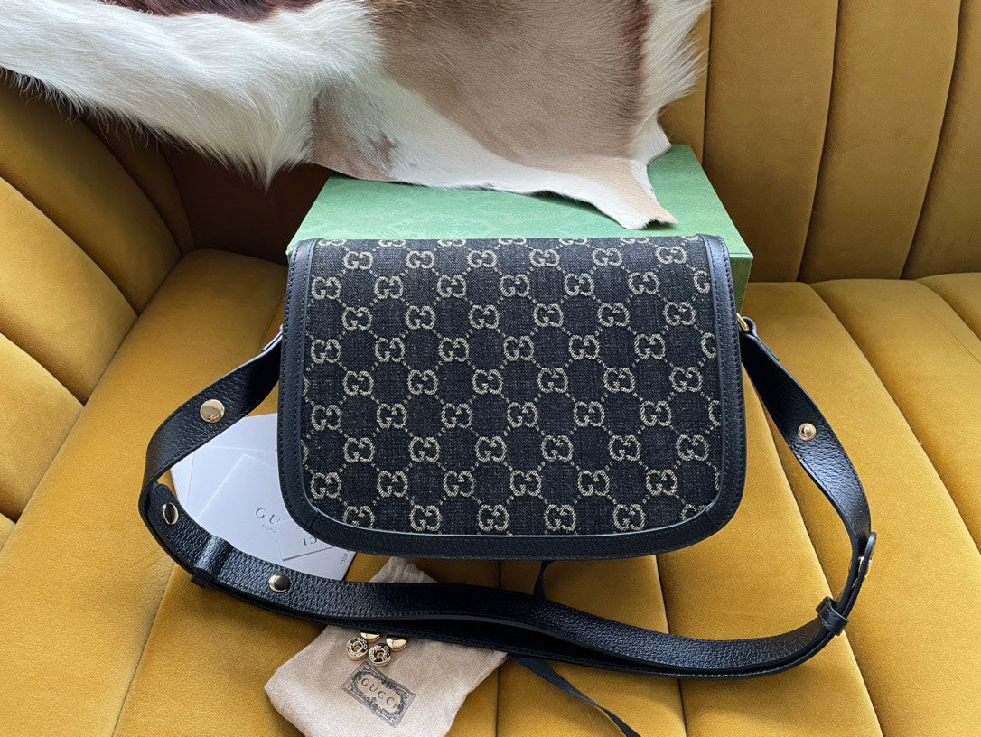 GUCCI HORSEBIT 1955 SADDLE BAG 25 IN BLACK CANVAS AND CALFSKIN
