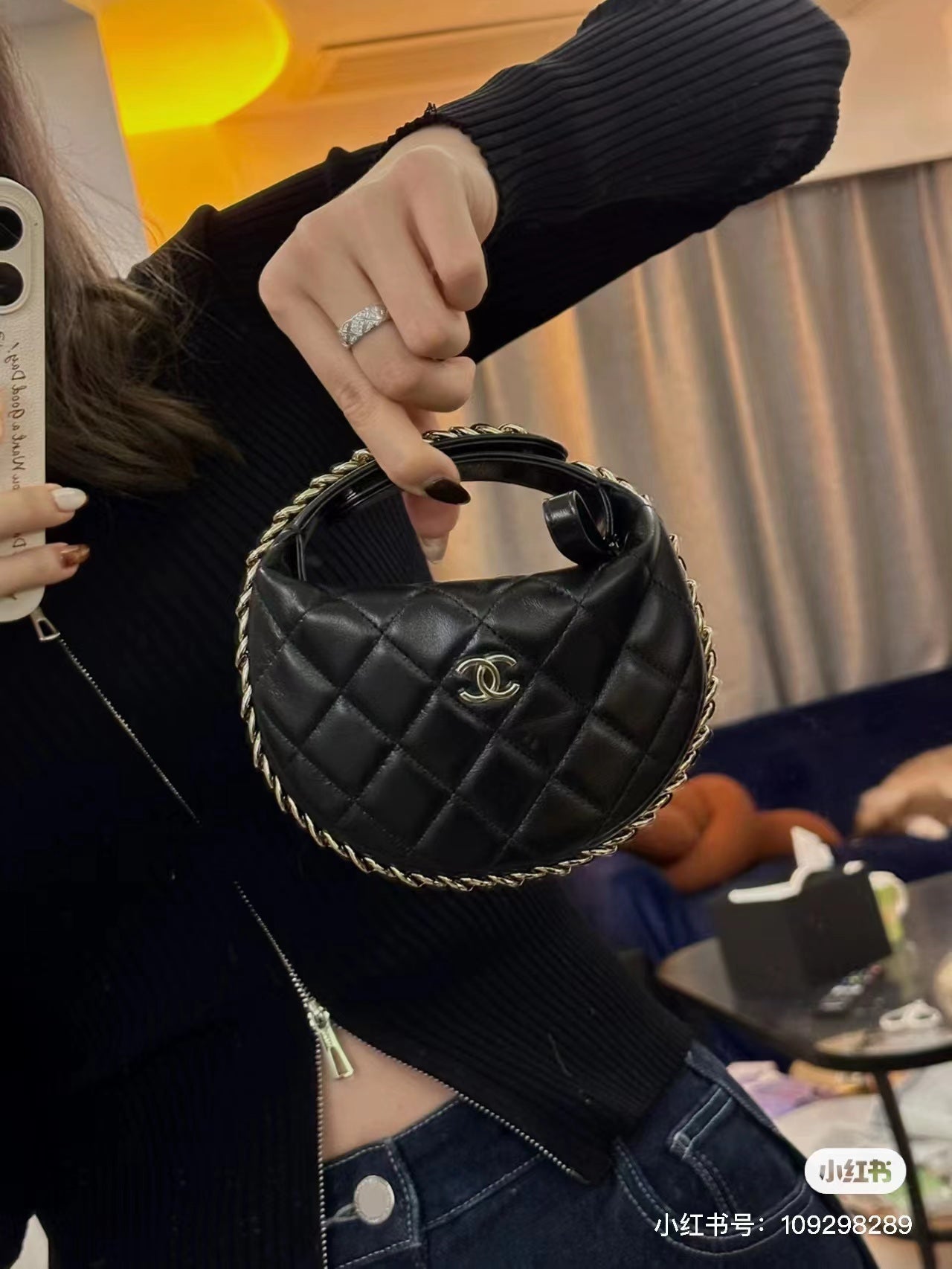 CHANEL MINI HOBO BAG 16 IN BLACK LAMBSKIN