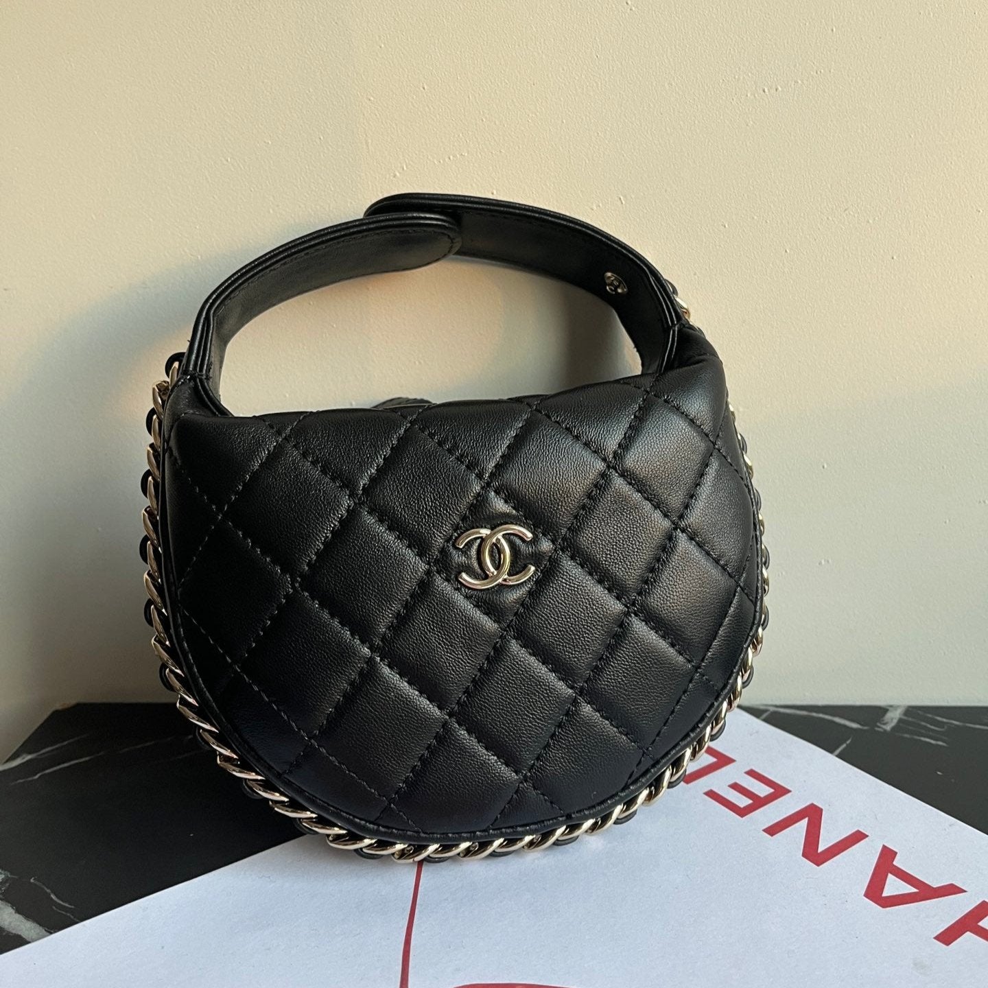 CHANEL MINI HOBO BAG 16 IN BLACK LAMBSKIN
