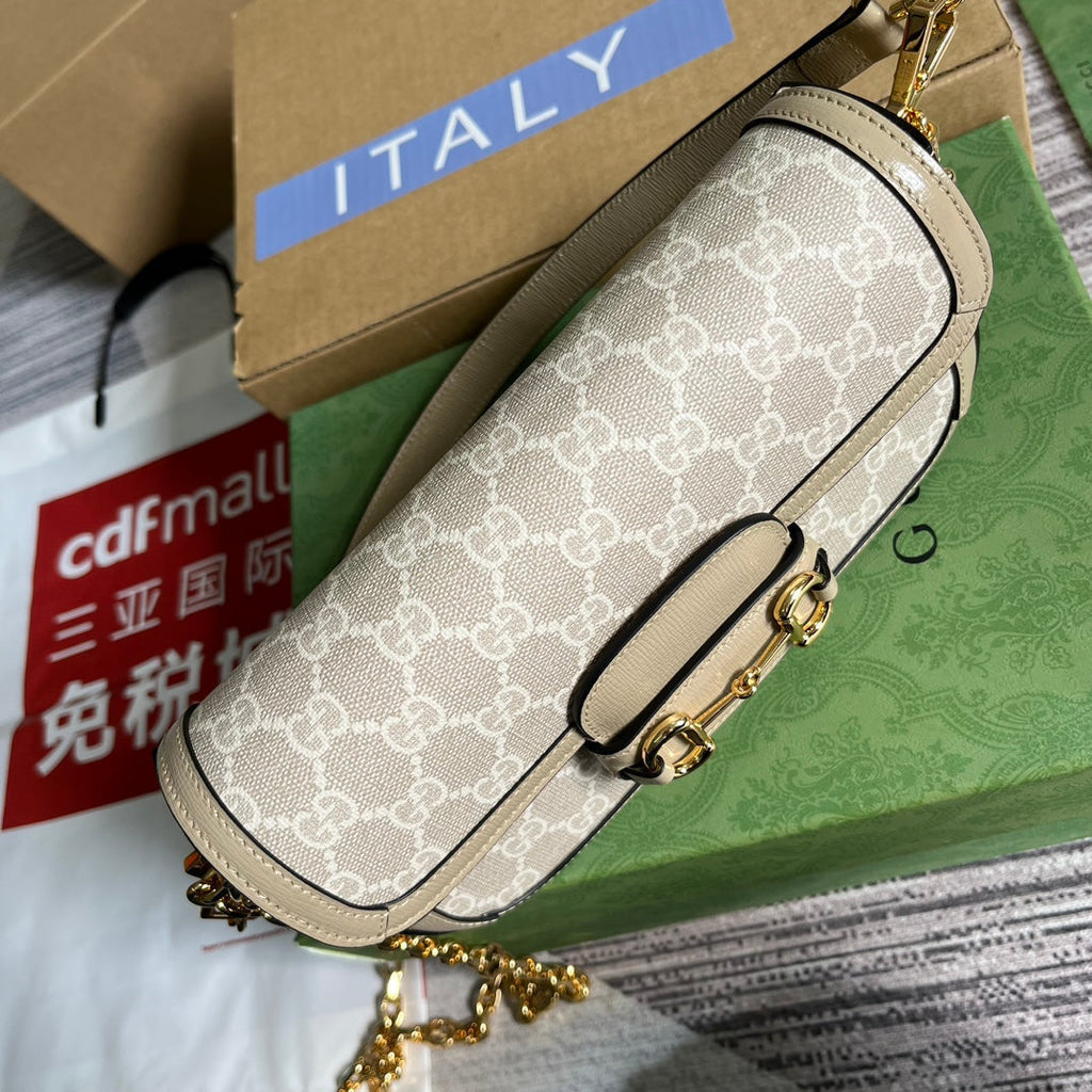 GUCCI HORSEBIT 1955 BAG 24 IN WHITE CANVAS AND BEIGE CALFSKIN