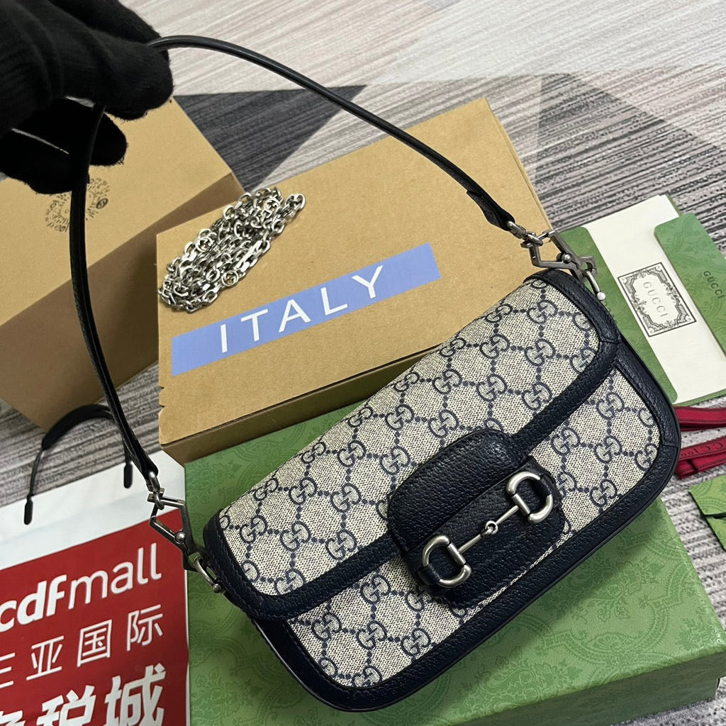 GUCCI HORSEBIT 1955 BAG 24 IN BEIGE CANVAS AND BLACK CALFSKIN