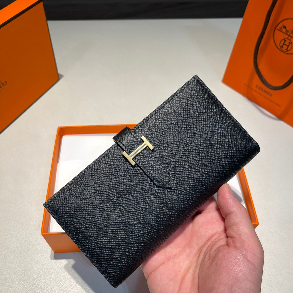 HERMES BEARN WALLET 17.5 BLACK EPSOM GOLD HARDWARE