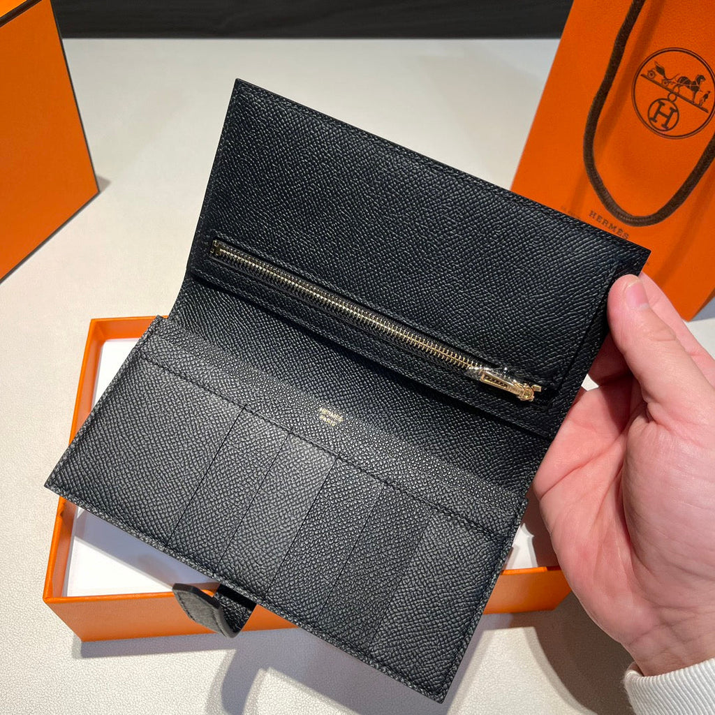 HERMES BEARN WALLET 17.5 BLACK EPSOM GOLD HARDWARE