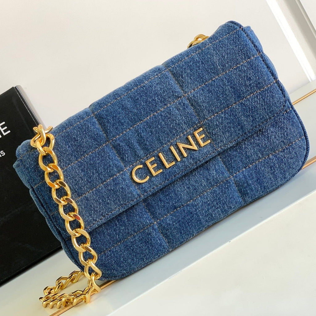 CELINE DENIM LEATHER 24 CHAIN SHOUDER BAG