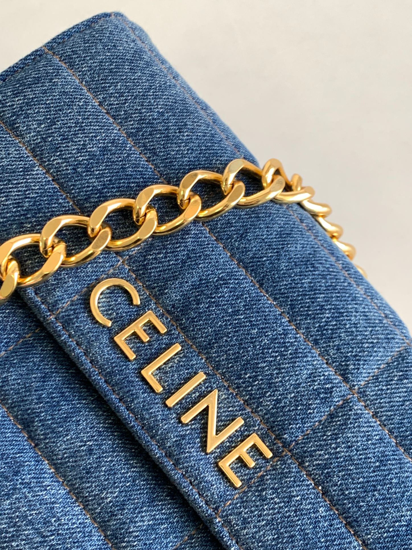 CELINE DENIM LEATHER 24 CHAIN SHOUDER BAG