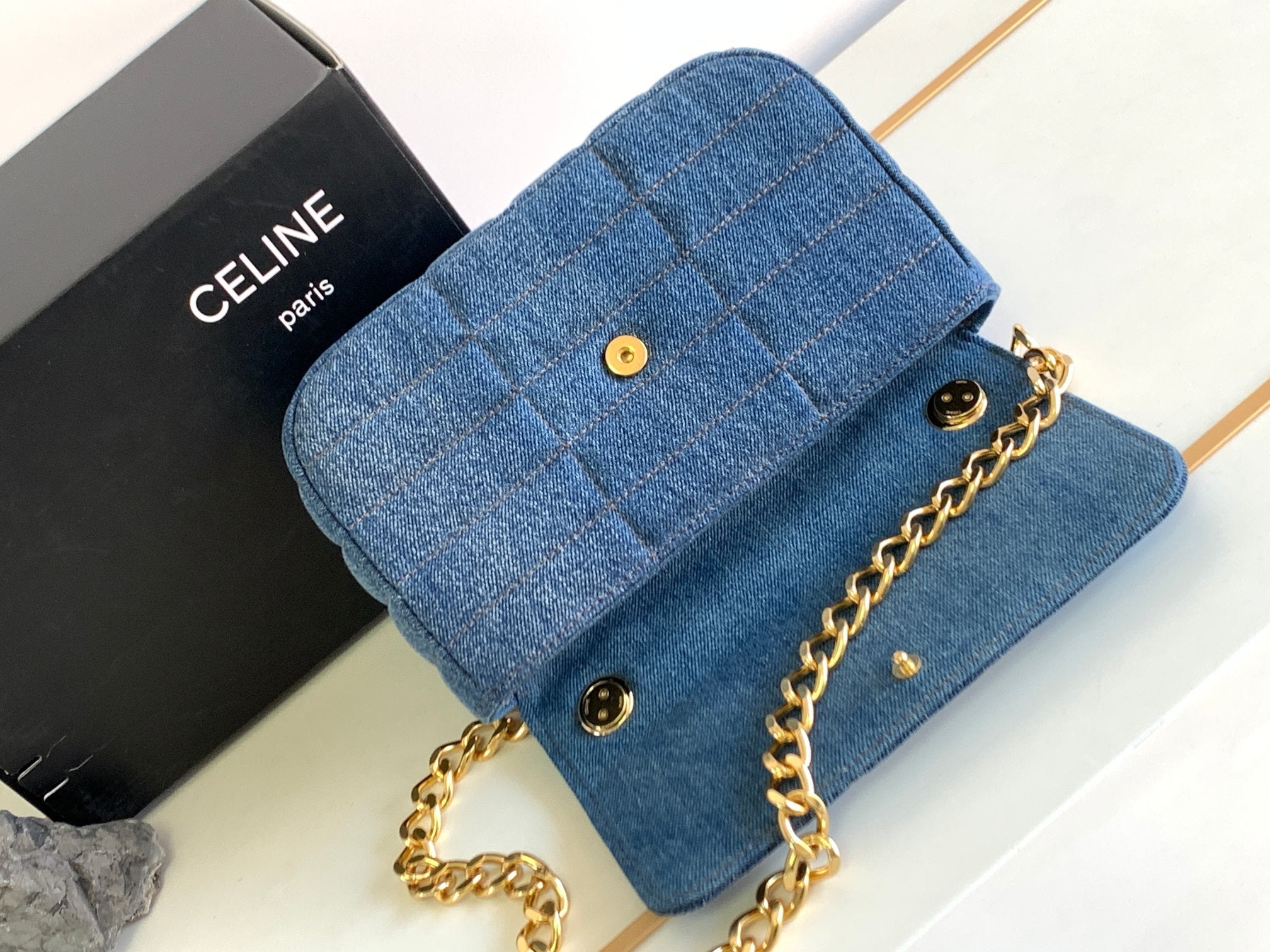 CELINE DENIM LEATHER 24 CHAIN SHOUDER BAG