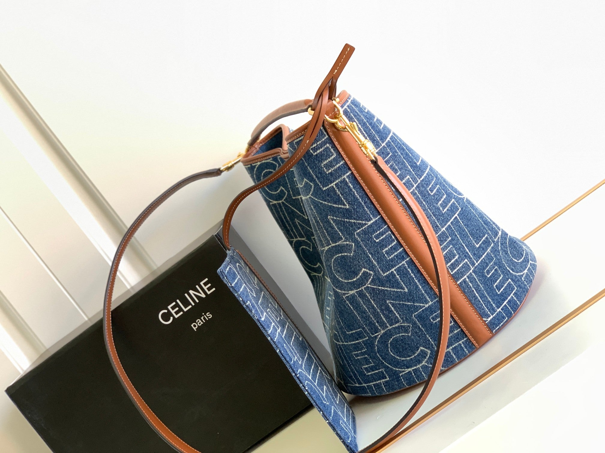 CELINE BUCKET 25 PRINTED DENIM BAG NAVY BLUE