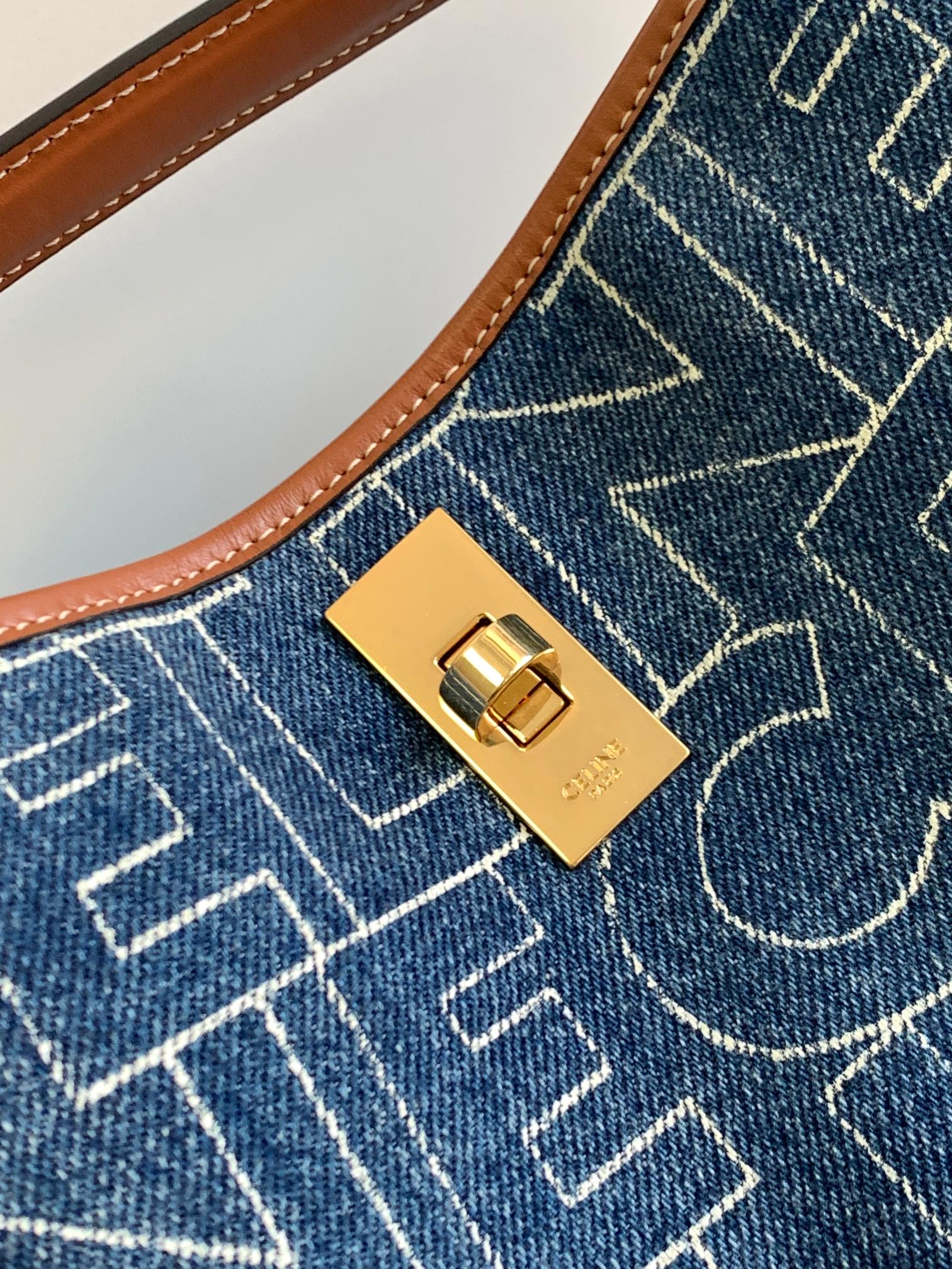CELINE BUCKET 25 PRINTED DENIM BAG NAVY BLUE