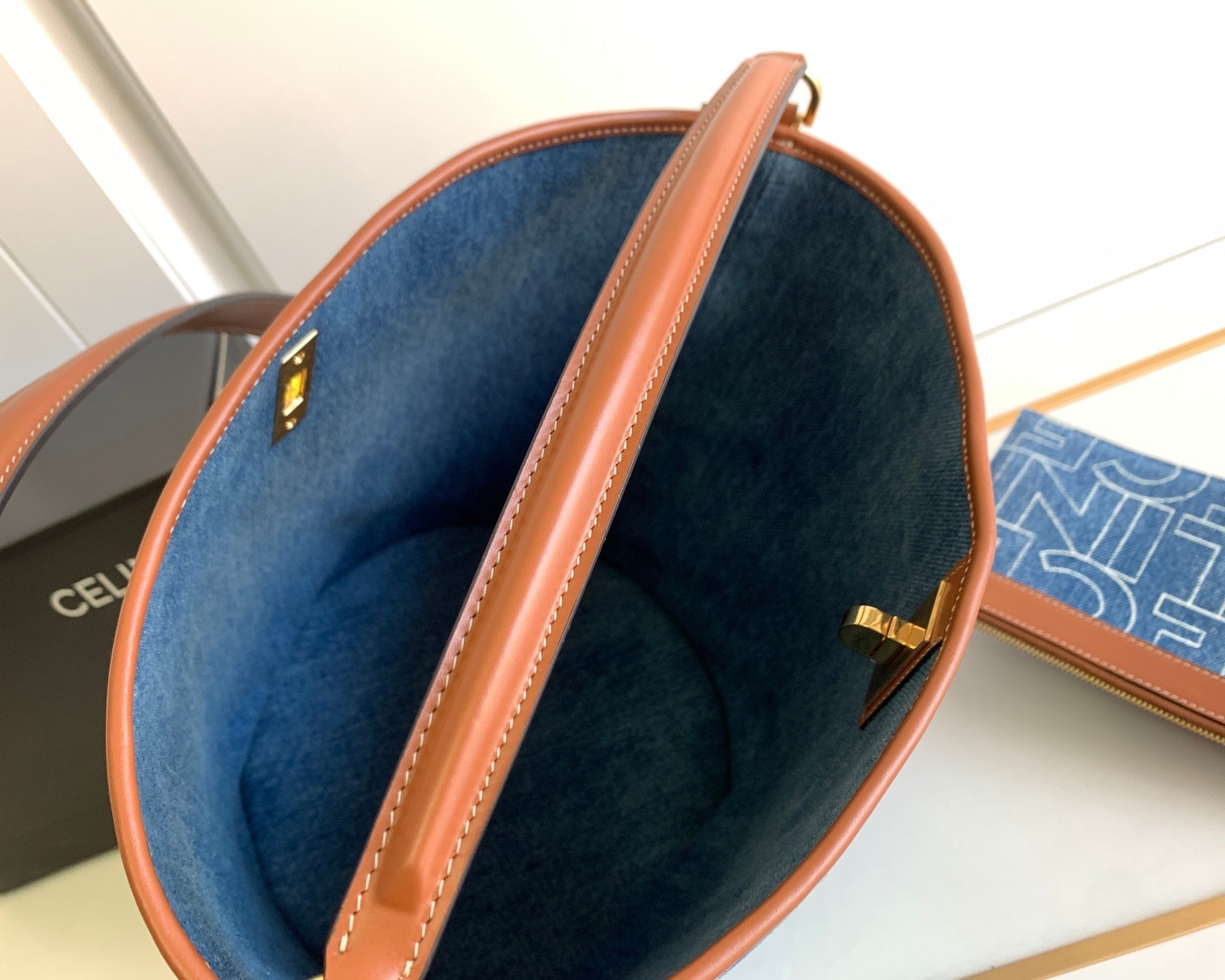 CELINE BUCKET 25 PRINTED DENIM BAG NAVY BLUE