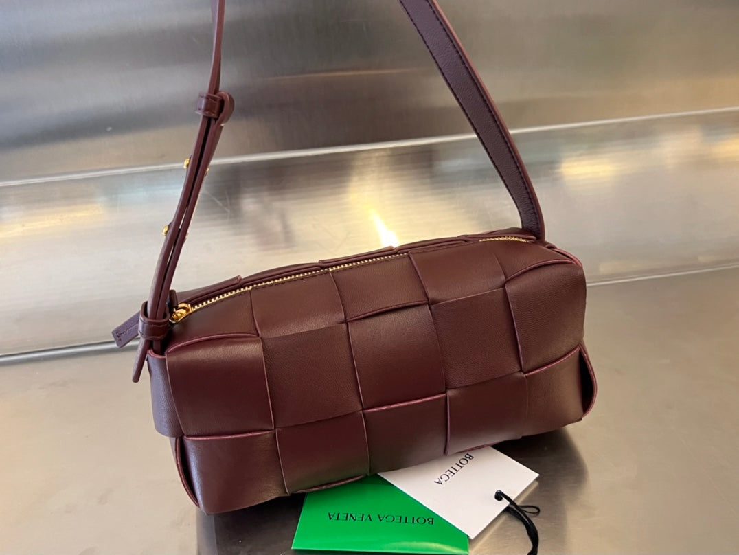 BOTTEGA VENETA BRICK CASSETTE 28 IN WINE RED CALFSKIN