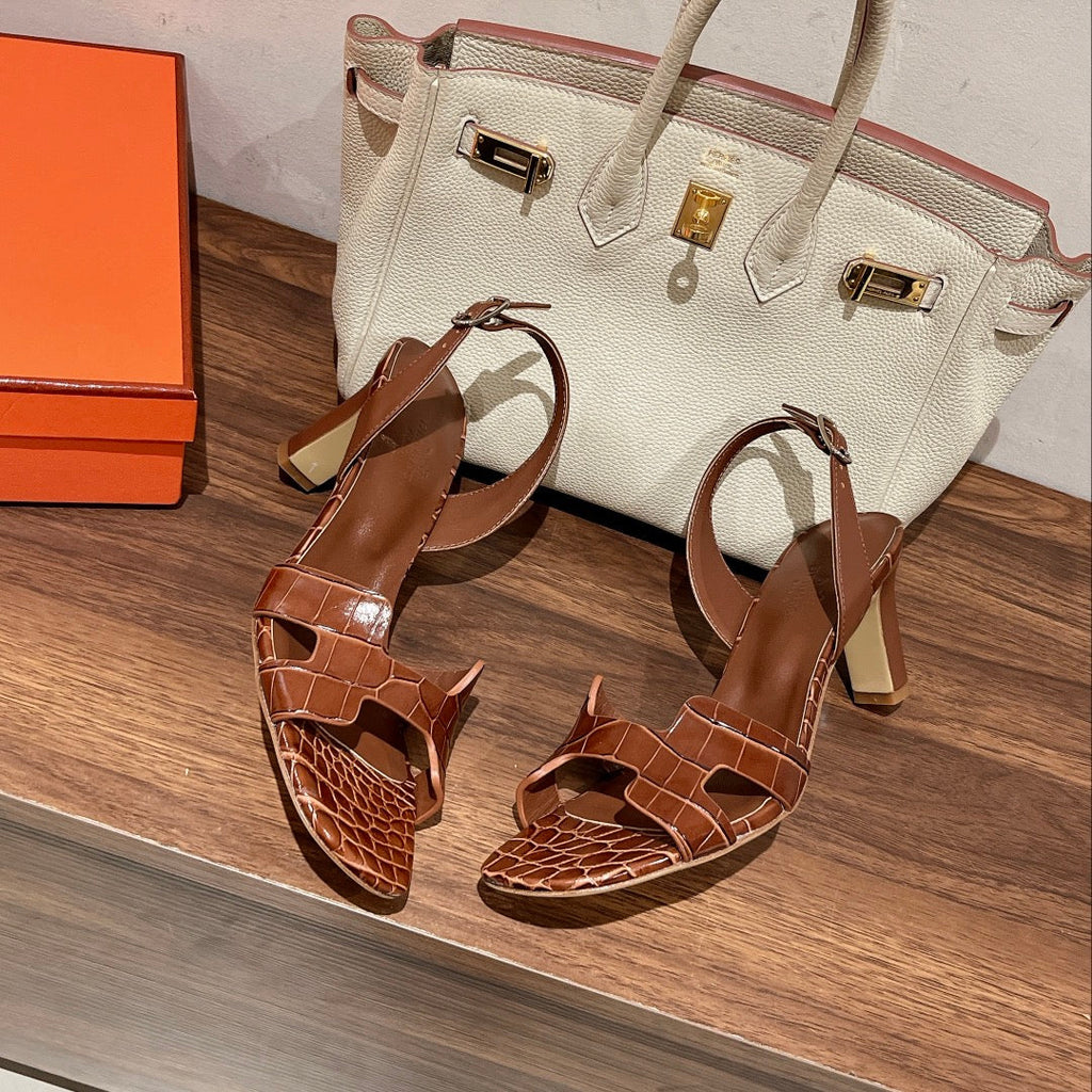 HERMES SLINGBACK ETERNITE 75 BROWN LAMBSKIN AND CROCODILE LEATHER
