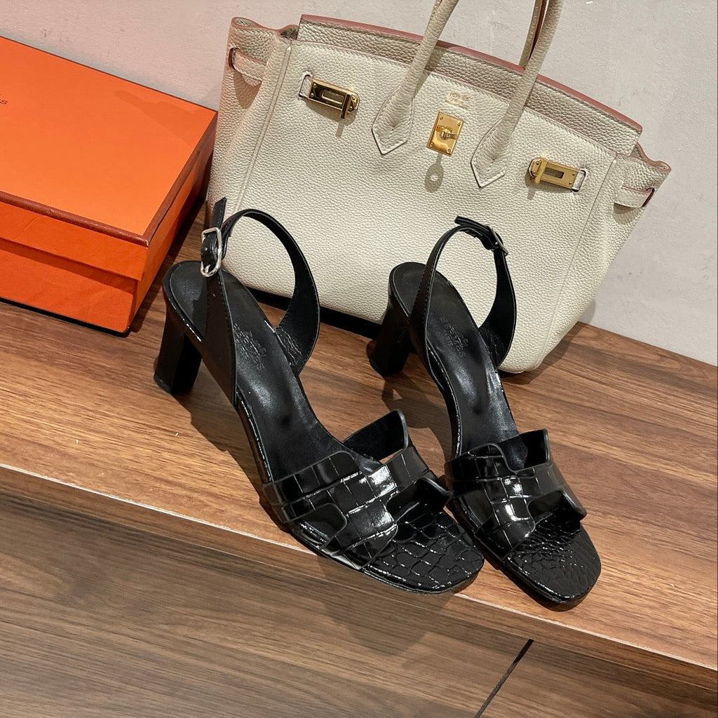 HERMES SLINGBACK ETERNITE 105 BLACK LAMBSKIN AND CROCODILE LEATHER