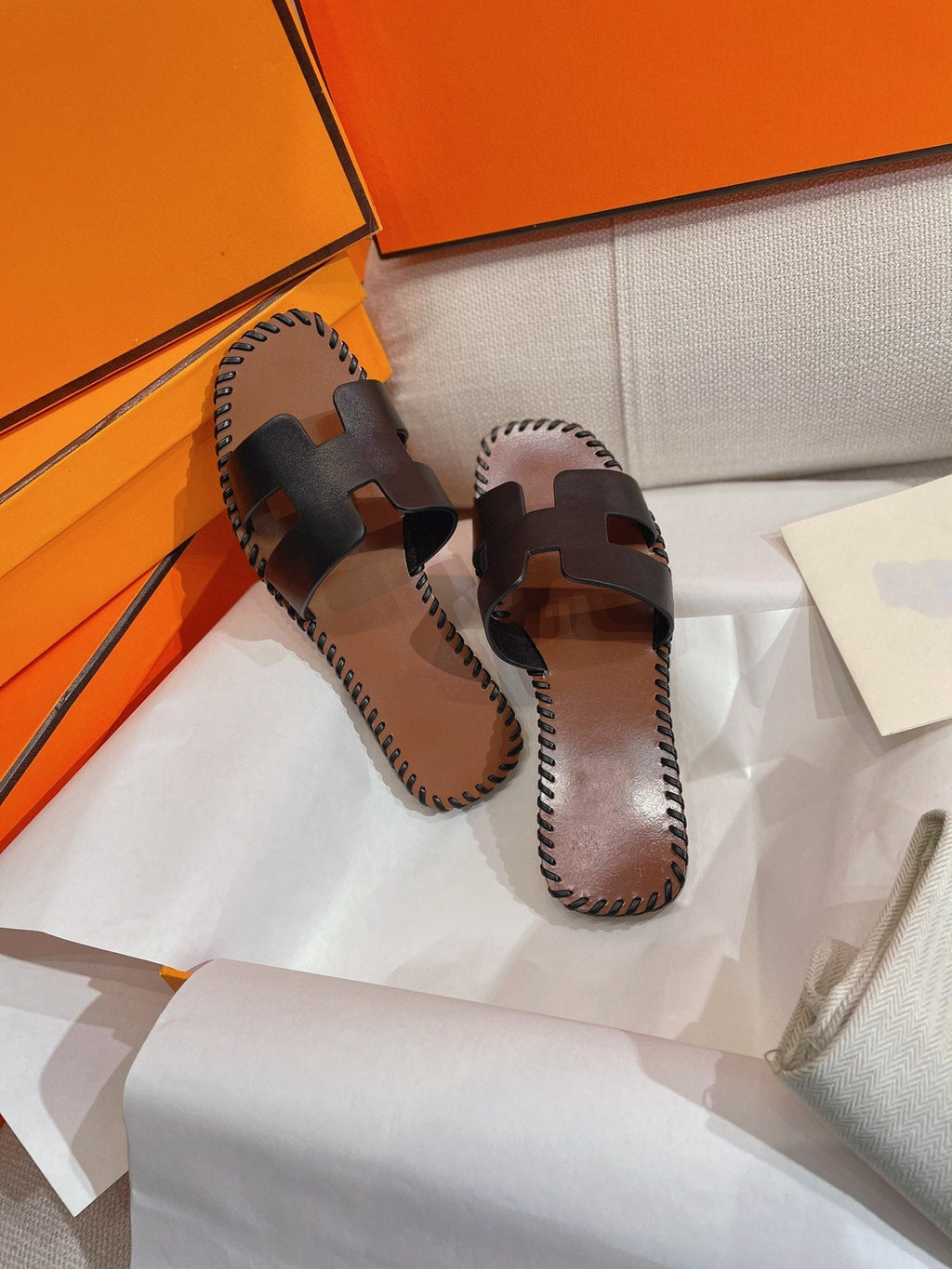 HERMES 0RAN SANDAL Braided Calfskin BLACK
