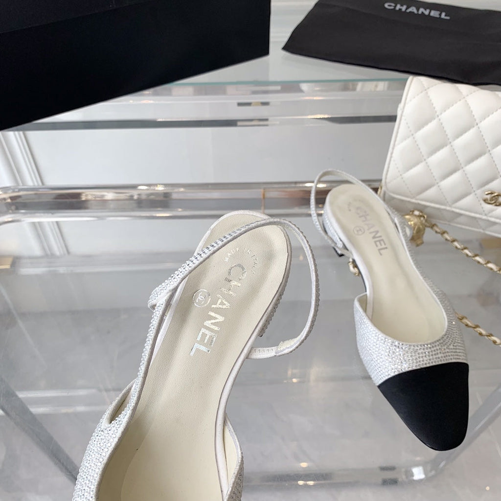 CHANEL Double  Rhinestone Slingback Sheepskin White Black