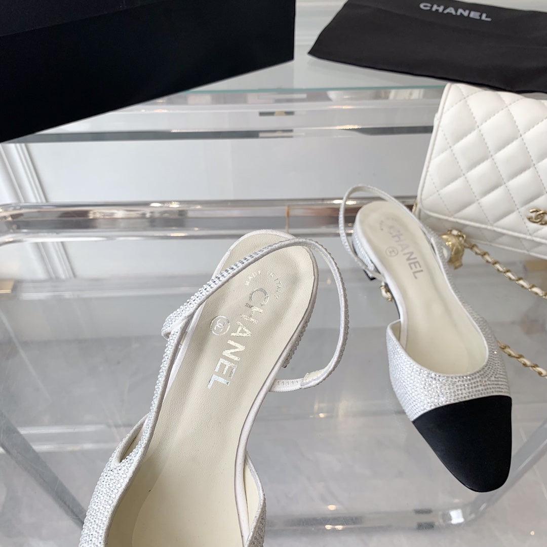 CHANEL Double  Rhinestone Slingback Sheepskin White Black