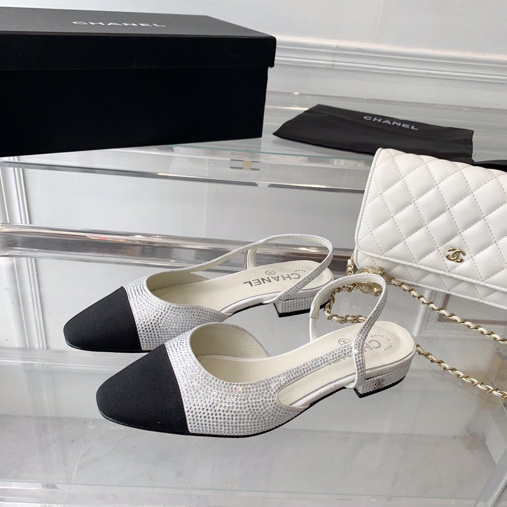 CHANEL Double  Rhinestone Slingback Sheepskin White Black