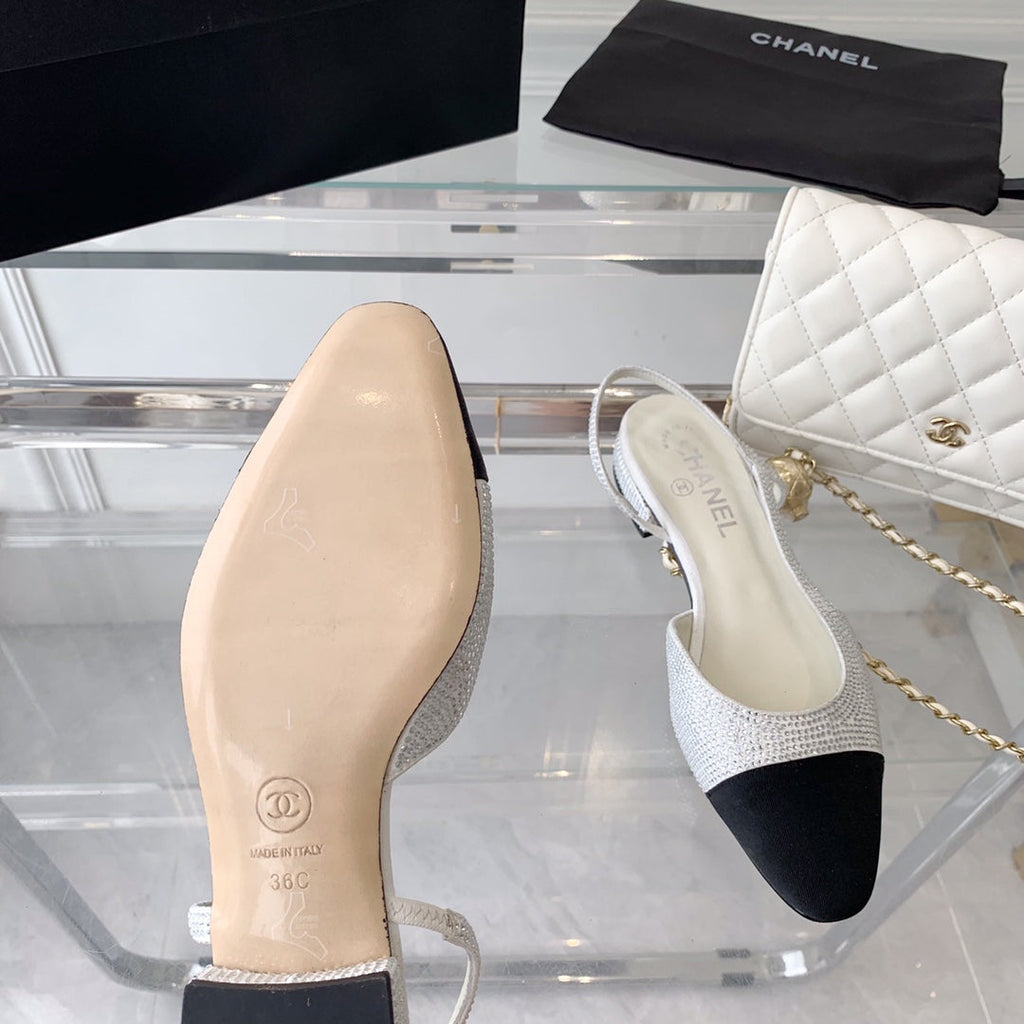 CHANEL Double  Rhinestone Slingback Sheepskin White Black