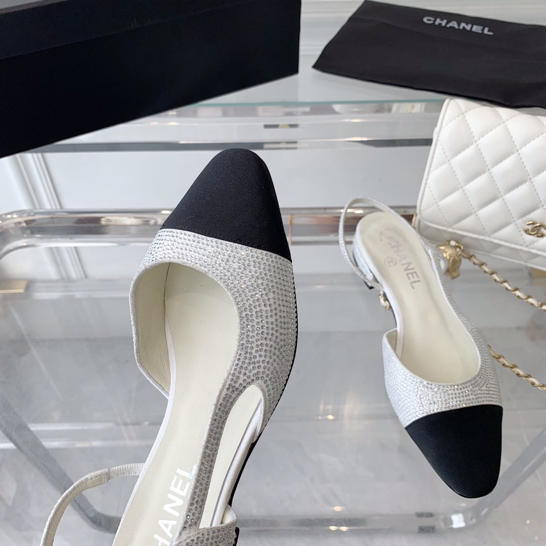 CHANEL Double  Rhinestone Slingback Sheepskin White Black